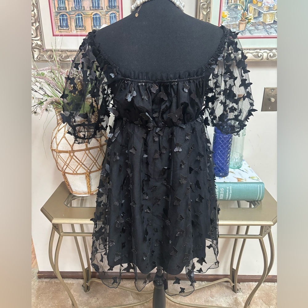 THIRTY THIRTY LA BLACK SHEER BUTTERFLY PUFF SLEEVE BABYDOLL MINI DRESS SIZE MED - Picture 6 of 9
